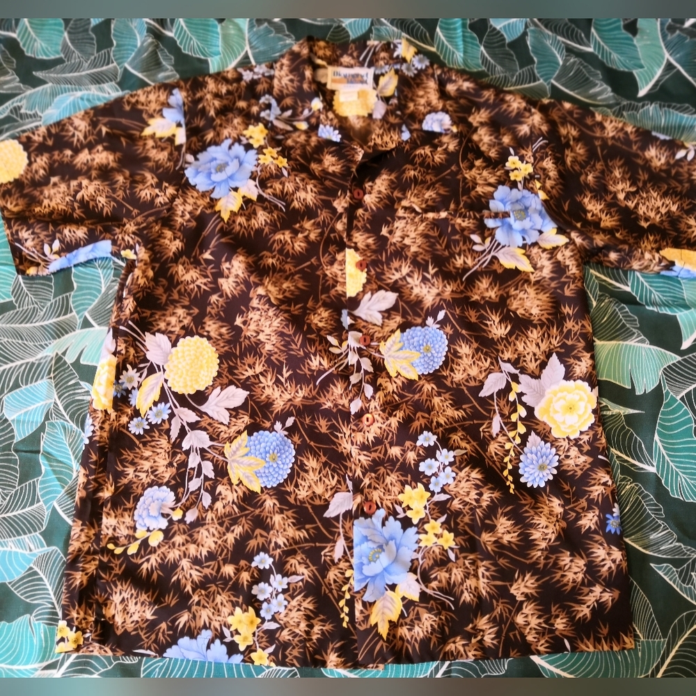 Vintage Diamond Head Brown Blue Aloha Button Down Polyester Shirt